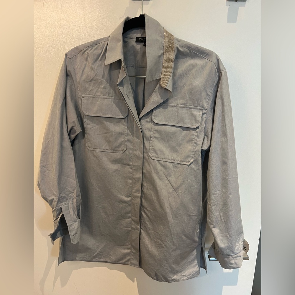 Lafayette 148 blue button down shirt with chain collar detail